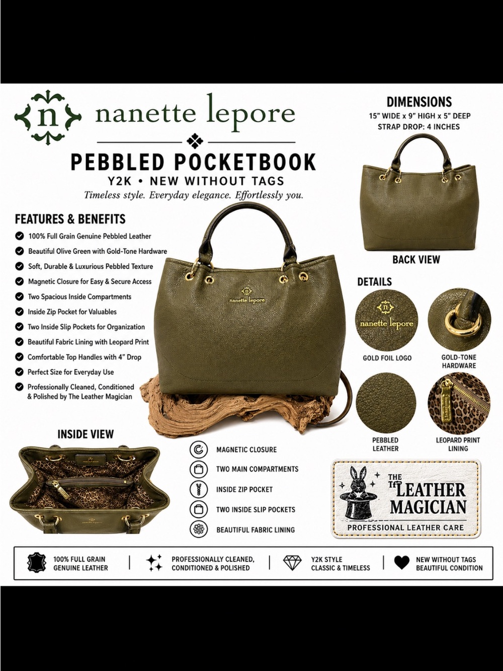 Nanette Lepore Olive Green Pebbled Leather Tote Gold Hardware Y2K NWOT